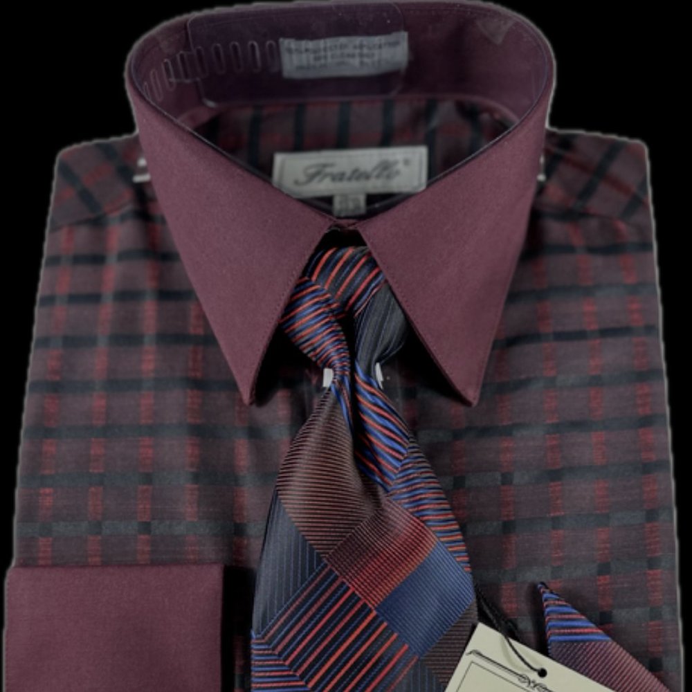 Fratello Men's Dress Shirt Wine Navy Tie Hanky French Cuff Silver Wine Cufflinks